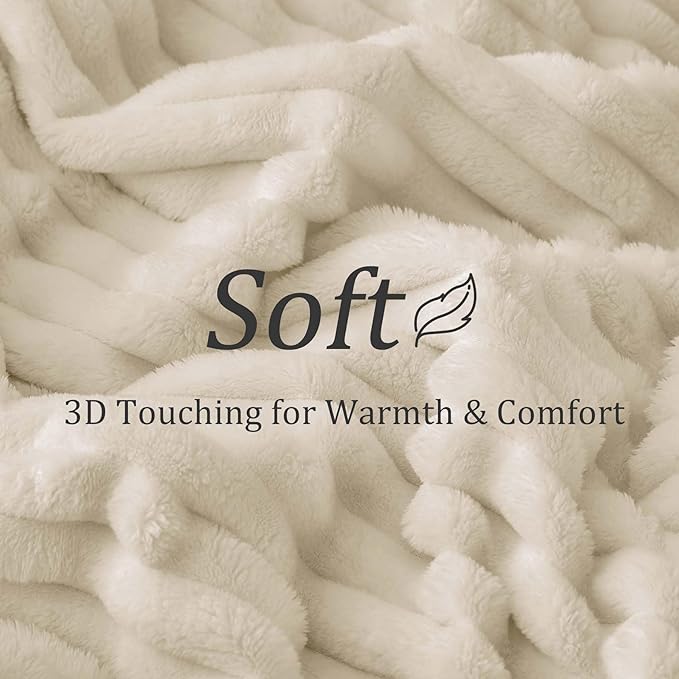 BEDELITE Fleece Throw Blanket for Couch - 300GSM Soft & Warm Fluffy Beige Blanket, Decorative and Giftable Striped Blankets for Women, Men, 50"x70"