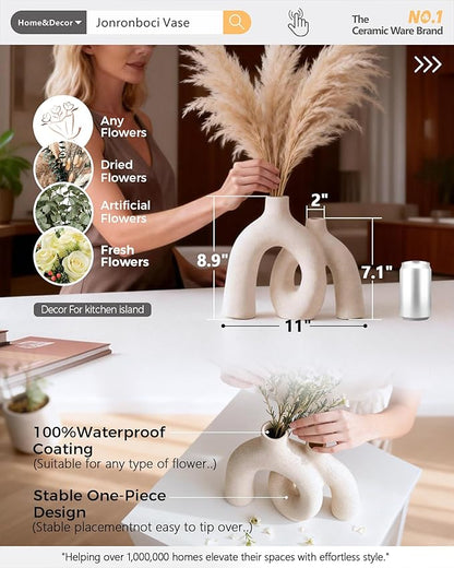 Hug Donut Decorative Vase Set - Modern Nordic Boho Style Vases Home Decor, Matte Ceramic Decorations for Living Room Shelf, Bookshelf Mantle Entryway Table or Console Décor (Cream White)