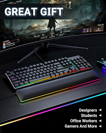 ASFSKY RGB Keyboard Wrist Rest, Ergonomic Wooden Wrist Support with PU Leather & Memory Foam, Non-Slip and Easy-to-Clean Design, Wrist Pad for Mechanical Keyboard, Gaming & Office Use