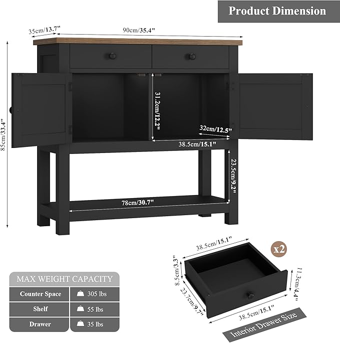 HOSTACK Farmhouse Console Table with 2-Door Cabinet & 2 Drawers, Coffee Bar, Entryway Table with Storage Shelf, Sofa Tables Buffet Sideboard for Kitchen, Hallway, Dining, Living Room, Black
