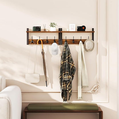 YMYNY Coat Rack Shelf Wall Mounted, Coat Hooks Set of 2, Entryway Coat Hanger with 8 Hooks, 31.5" Wall Floating Shelf with Hat Rack, for Kitchen, Bedroom, Bathroom, Rustic Brown UHWS001H-2