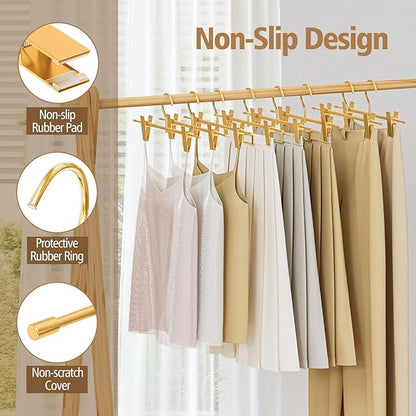 Matte Gold Aluminum Pants Hangers with 360°Swivel Hooks & Non-Slip Adjustable Clips, Lightweight, Durable, Space-Saving Closet Organizer for Trousers, Skirts, Jeans, Scarf, Kids&Adults, 10 Pack