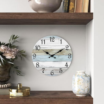 CHYLIN Wall Clock 12 Inch Bathroom Clock, Rustic Wall Clocks Battery Operated, Silent Non Ticking Wooden Coastal Beach Clock for Kitchen, Living Room, Bedroom (White)