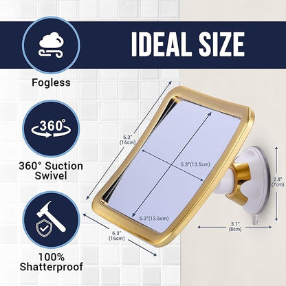 MIRRORVANA Fogless Shower Mirror for Shaving with Improved Suction and 360° Swivel - Unbreakable Fog Free Mirror for Men and Women - 6.3" x 6.3" (Gold)
