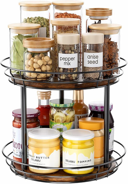 LAMU 12'' Lazy Susan Turntable Organizer, 2 Tier Round Rotating Spice Rack Organization for Kitchen Cabinet and Countertop, Wooden Lazy Susan for Table Top, Pantry, Bathroom, Vanity, Home Decor