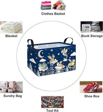Rectangular Dragon Pattern Storage Bin, Decorative Canvas Laundry Basket with Dual Handles, Foldable Toy & Household Organizer, Multipurpose Party Gift Basket for Home Bedroom Dorm(Cute Dragon)