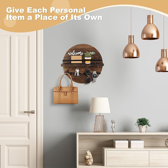 Key Holder for Wall, Key and Mail Holder Organizer with - Key Holder Wall Mount - Round Wooden Rustic Home Decor for Entryway, Mudroom, Hallway, Kitchen Office (Brown)