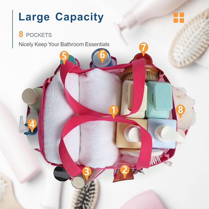 F-color Shower Caddy Portable - Mesh Shower Bag Basket Tote for College Dorm Room Essentials Bathroom Gym Camp Quick Dry for Women Men with S Hook, Pink Flamingo