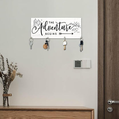 The Adventure Begins Wooden Key Holder for Wall - 5"x10" Key Organizer Hanger with 4 Hooks for Home Front Door Hallway Entryway Kitchen - Home Office Decor & Housewarming Gifts Supplies - A02