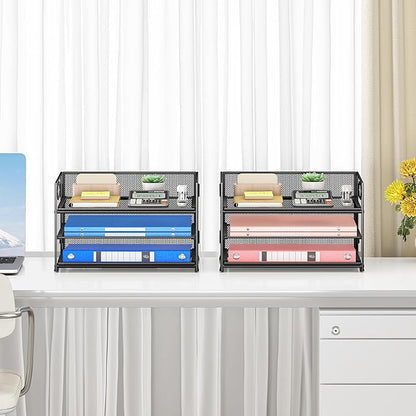 Subekyu 2-Pack 3-Tier Paper Letter Tray Organizer for Desk, Black Metal Mesh File Sorter Organizer with Handle and 1 PC Sliding Tray for Home Office School Desk Supplies Organization Storage