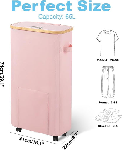 Vincona Laundry Basket with Wheels, Tall Dirty Clothes Hamper on Wheels, Rolling Laundry Hamper with lid for Dorm, Bedroom and Bathroom