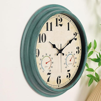 zyzamay 16 Inch Green Vintage Indoor/Outdoor Wall Clock with Thermometer & Hygrometer & Waterproof, Large Silent Sweep Numerals, Perfect for Porch, Garden, Pool