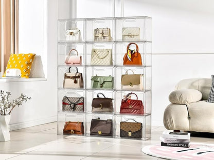 Purse Organizer for Closet,Clear Acrylic Display Case for Handbag Organizer, Purse Storage Box with Magnetic Door, Plastic Storage Bins for Book, Collectibles, Cosmetic (5 Pack)