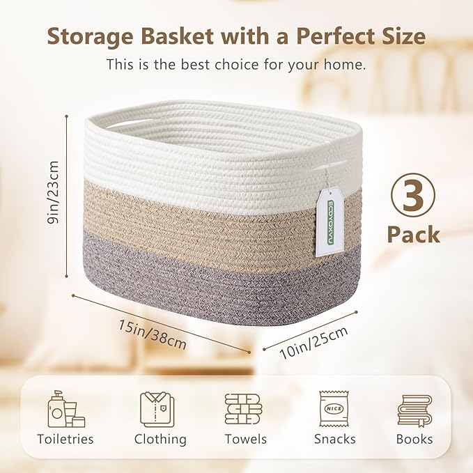 Cotton Rope Storage Basket, 15x10x9 Inches, Woven Basket for Shelves, Clothes, Towels, Books, and Laundry, White Brown (3 Pack)
