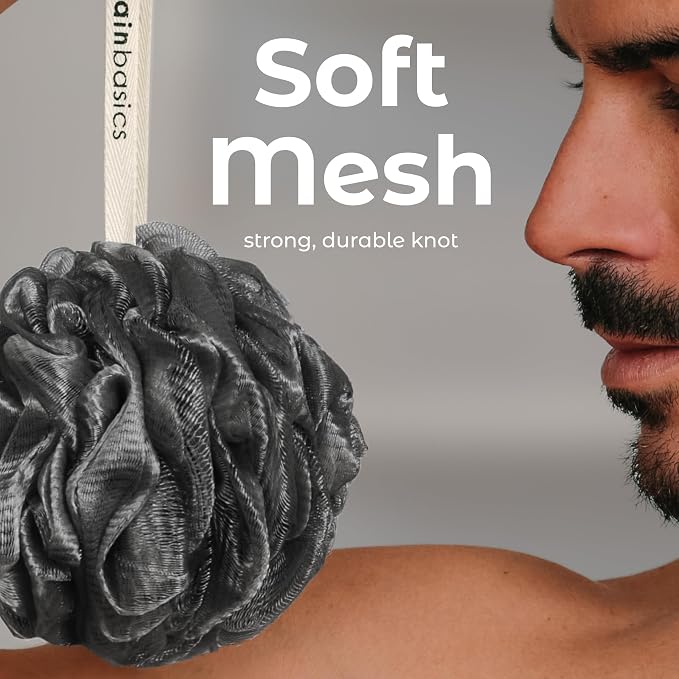 MainBasics Bath Shower Loofah Sponge Pouf Body Scrubber Exfoliator Body Wash Sponge (Set of 3, Black Ice)