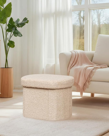 B FSOBEIIALEO Storage Ottoman for Dorm Room, Boucle Folding Storage Ottoman Foot Rest, 16.14 Inches Small Collapsible Ottoman Cube for Living Room Beige