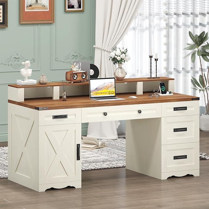 Farmhouse Executive Desk with Drawers & Storage Shelves, 55" Computer Desk with Power Outlets, Home Office Desk with Monitor Stand & File Drawers, Writing Study Table, Antique White