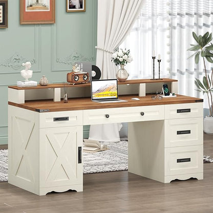Farmhouse Executive Desk with Drawers & Storage Shelves, 55" Computer Desk with Power Outlets, Home Office Desk with Monitor Stand & File Drawers, Writing Study Table, Antique White