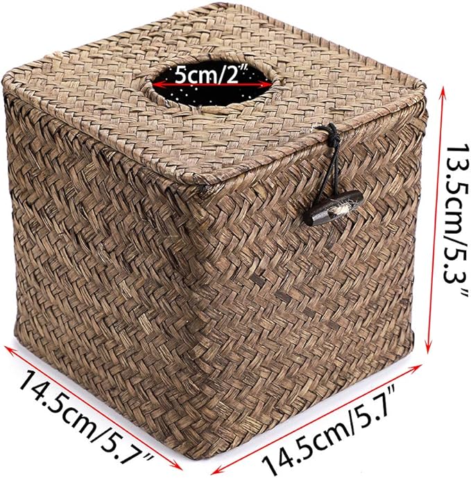 Sumnacon Tissue Box Cover Square Seagrass Tissue Box with Lid, Woven Tissue Box Holder Rustic Cube Tissue Cover for Bathroom Toilet Bedroom Living Room Kitchen Table Desk Office Car, Coffee