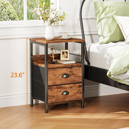 Furologee Nightstand with 2 Fabric Drawers, Night Stand with 2-Tier Shelf, Bedside Table with Hooks, Open Wooden Shelf, End Table for Bedroom, Backboard Design, Metal Frame, Rustic Brown