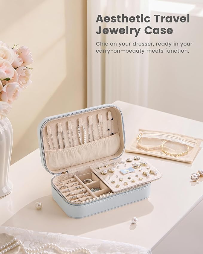 Lolalet Travel Jewelry Case for Women Girls, Travel Jewelry Organizer with Clear Storage Bag Small Portable Jewelry Box for Necklace Bracelet Earring Ring Valentines Bridesmaid Gifts -Medium/Blue