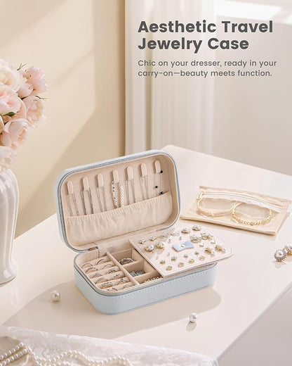 Lolalet Travel Jewelry Case for Women Girls, Travel Jewelry Organizer with Clear Storage Bag Small Portable Jewelry Box for Necklace Bracelet Earring Ring Valentines Bridesmaid Gifts -Medium/Blue