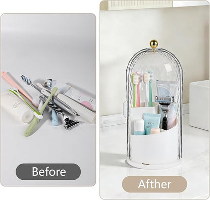 Toothbrush Holder with Cover for Bathroom Countertop, Rotating Organizer for Electric Tooth Brush and Toothpaste, 3-Slot Makeup Brush Storage, Self-Draining Vanity Counter Organizer White