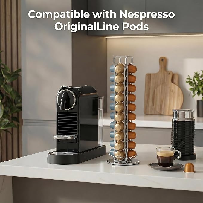 Rotating Coffee Pod Holder for Nespresso OriginalLine, 360° Swivel Coffee Capsule Carousel Storage Organizer for 40 Capsules, Compact Vertical Nespresso Capsule Stand Fits Countertop & Coffee Bar, Silver