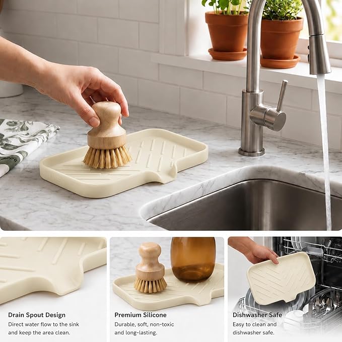 MicoYang Silicone Soap Dish with Drain Spout — Self-Draining Sink Organizer Tray for Bathroom & Kitchen, Sponges, Dispensers & Soap Holder, Non-Slip & Dishwasher Safe, Tapioca (Medium, 9.6"×5.3")