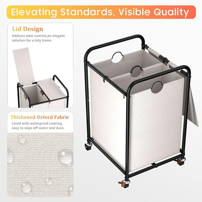 120L (31.7 Gal) Laundry Sorter 2 Section, Rolling Laundry Basket with Lockable Wheels and Lid, Laundry Hamper with 2 Separated Removable Bags Dirty Clothes Hamper for Laundry Room Organizer, White