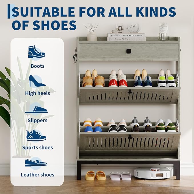 Garvee 2 Flip Drawer Shoe Cabinet with Adjustable Shelves, Hidden Shoe Organizer with Top Drawer, Freestanding Wooden Shoe Rack for Entryway, Hallway, Living Room, Washed Gray