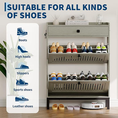 Garvee 2 Flip Drawer Shoe Cabinet with Adjustable Shelves, Hidden Shoe Organizer with Top Drawer, Freestanding Wooden Shoe Rack for Entryway, Hallway, Living Room, Washed Gray
