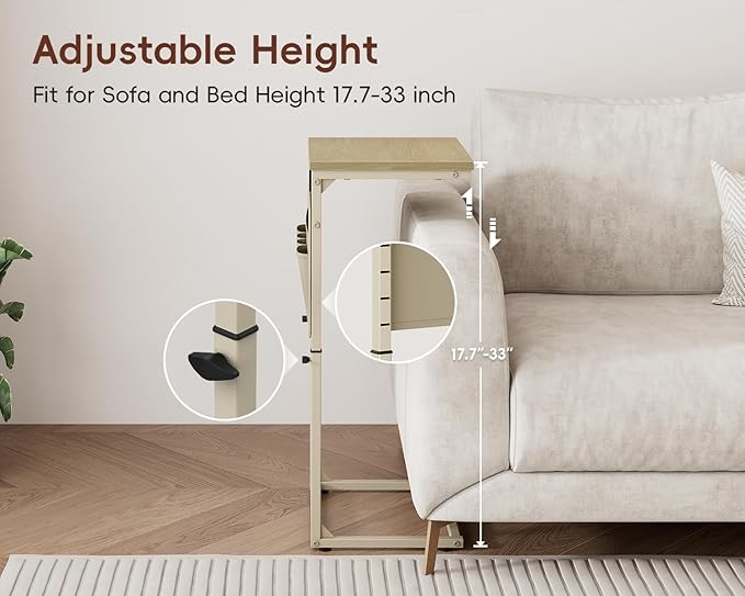 Vagusicc C Shaped End Table with Charging Station, 33" Tall Side Table for Couch, Sofa Table Adjustable Height Small Couch Side C Table, Slide Under Sofa Tray Table for Living Room, Bedroom, Natural