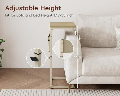 Vagusicc C Shaped End Table with Charging Station, 33" Tall Side Table for Couch, Sofa Table Adjustable Height Small Couch Side C Table, Slide Under Sofa Tray Table for Living Room, Bedroom, Natural