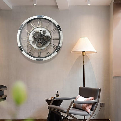 27" Large Real Moving Gears Wall Clock with Toughened Glass Cover Solid Wood Retro Metal Skeleton Oversized Vintage Steampunk Rustic Clock for Living Room Decor Home Farmhouse Kitchen(Desert Beige)