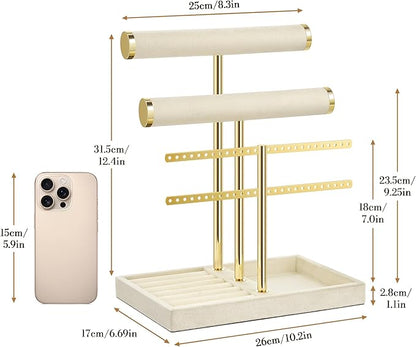 3 Tier Bracelet Holder Display - Detachable T Bar Beige Velvet Bracelet Holder, Jewelry Holder Organizer for Bracelet, Necklace, Earrings, Rings