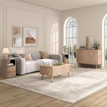 Lift Top Coffee Table with Storage, Mid Century Modern Coffee Table with Solid Wood Legs, 38" Minimalist Fluted Center Table for Living Room, Home Office, Natural Oak