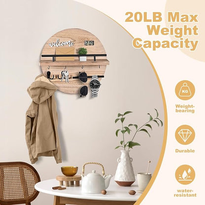 Key Holder for Wall Decorative, Key Hooks Wall Mounted with Shelf and Wooden Key Holder Round Key Hooks for Entryway Mudroom Hallway Kitchen Office (Wood)