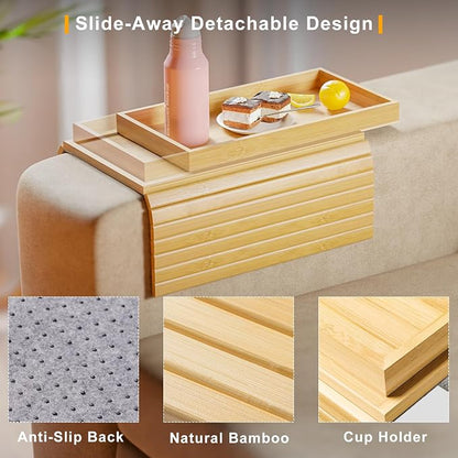 Bestjing Bamboo Sofa Armrest Tray Table for Couch - 2-in-1 Couch Arm Table with Be Slide Detachable Tray- Anti-Slip Foldable Sofa Armchair Caddy for Drinks Cellphone TV Remote Snacks (Bamboo)