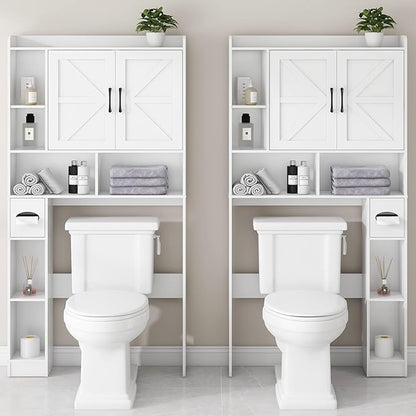 Over The Toilet Storage Cabinet, Farmhouse Storage Cabinet Over Toilet with 2 Barn Door & Toilet Paper Holder Stand, Home Space-Saving Rack, for Bathroom, Restroom (White).