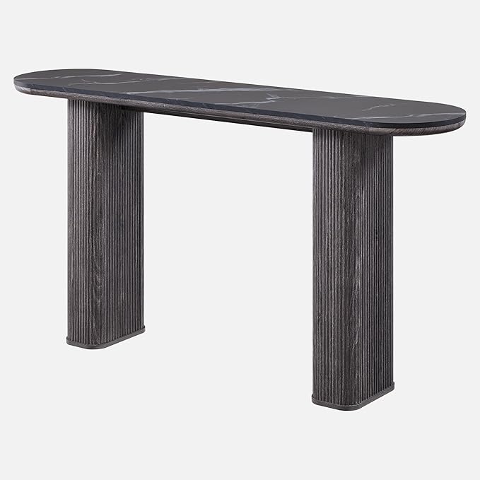 OKD 63" Modern Console Table with Arc Faux Marble Texture Top, Fluted Wood Base, Contemporary Entryway Sofa Table for Living Room, Hallway, Foyer, Dark Alder