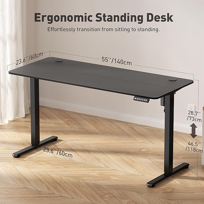 55" Electric Standing Desk Adjustable Height, Ergonomic Sit Stand Computer Desk for Home Office, Sturdy Motorized Workstation with Memory Controller & Timer, Black