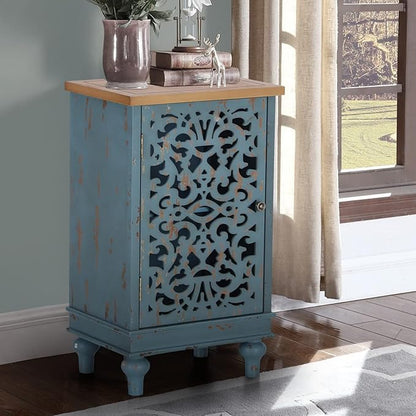 Sophia & William Small Accent Cabinet with Single Door, 31.5" Tall Side End Table, Distressed Nightstand with Hollow Carved Door, Blue
