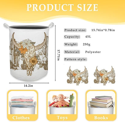Western Laundry Basket, Vintage Western Floral Bull Skull Waterproof Collapsible Laundry Hamper Dirty Clothes Storage Toy Bin Organizer for Western Bathroom Bedroom, Western Home Decor