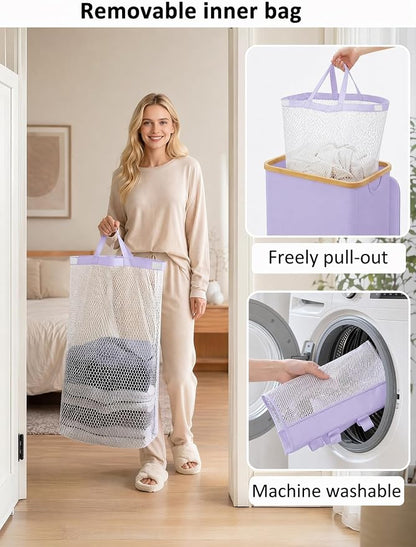 Laundry Hamper with Lid, 110L Large Laundry Basket with Removable Bag, Clothes Basket Hamper with Bamboo Frame for Clothes Towels Organizer- Purple