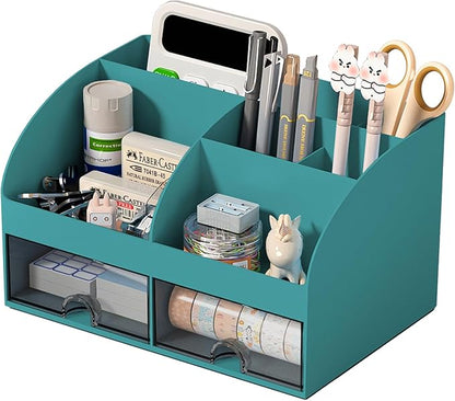 COMFYROOM Desk Organizer with 6 Compartments and 2 Drawers, Plastic Makeup Organizer, Pen Holder for Desktop Storage, Desk Organization for School, Home, Office Supplies (Dark Green)