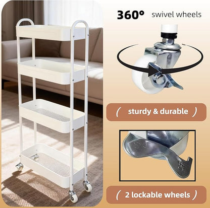 LIWNYRK 4 Tier Slim Kitchen Storage Cart for Narrow Space, 7.1'' Wide Metal Rolling cart with Wheels and Lockable Casters, Sturdy Mobile Thin Shelf for Laundry Room Between Washer and Dryer, White