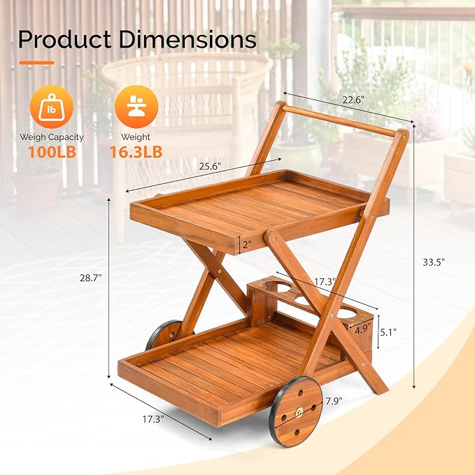 VINGLI 2-Tier Acacia Wood Bar Cart, Rolling Bar Carts with Wheels, Kitchen Serving Tea Cart for Plant Stand Indoor and Outdoor