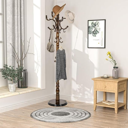 Wooden Coat rack freestanding, Coat racks stand with 14 Hook, Heavy duty coat tree standing 3 Adjustable Heights for Bedroom, Entryway, Hallway, Office,Stury Base (Light brown)