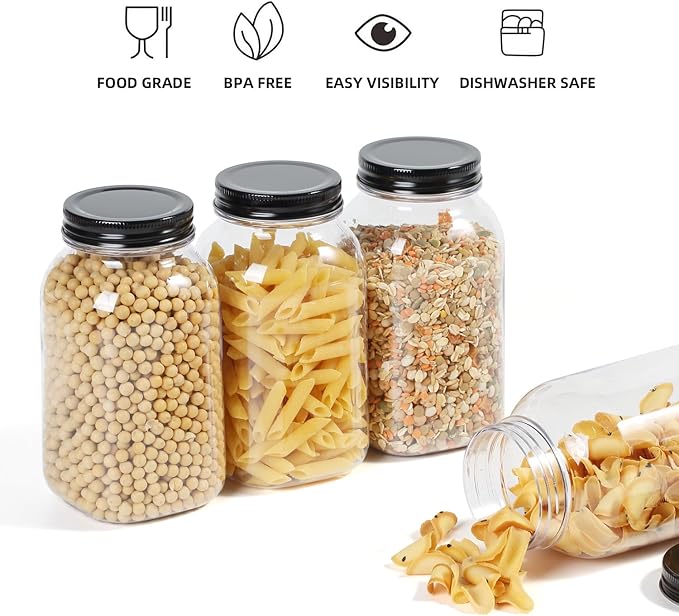 OMNISAFE 32 Ounce Clear Plastic Mason Jars With Screw On Lid, Reusable Empty Jars for Food Storage, Round BPA Free Containers for Sealing, Dry Food, Snacks, Candies, Breakage-proof, (Black - 6 Pack)